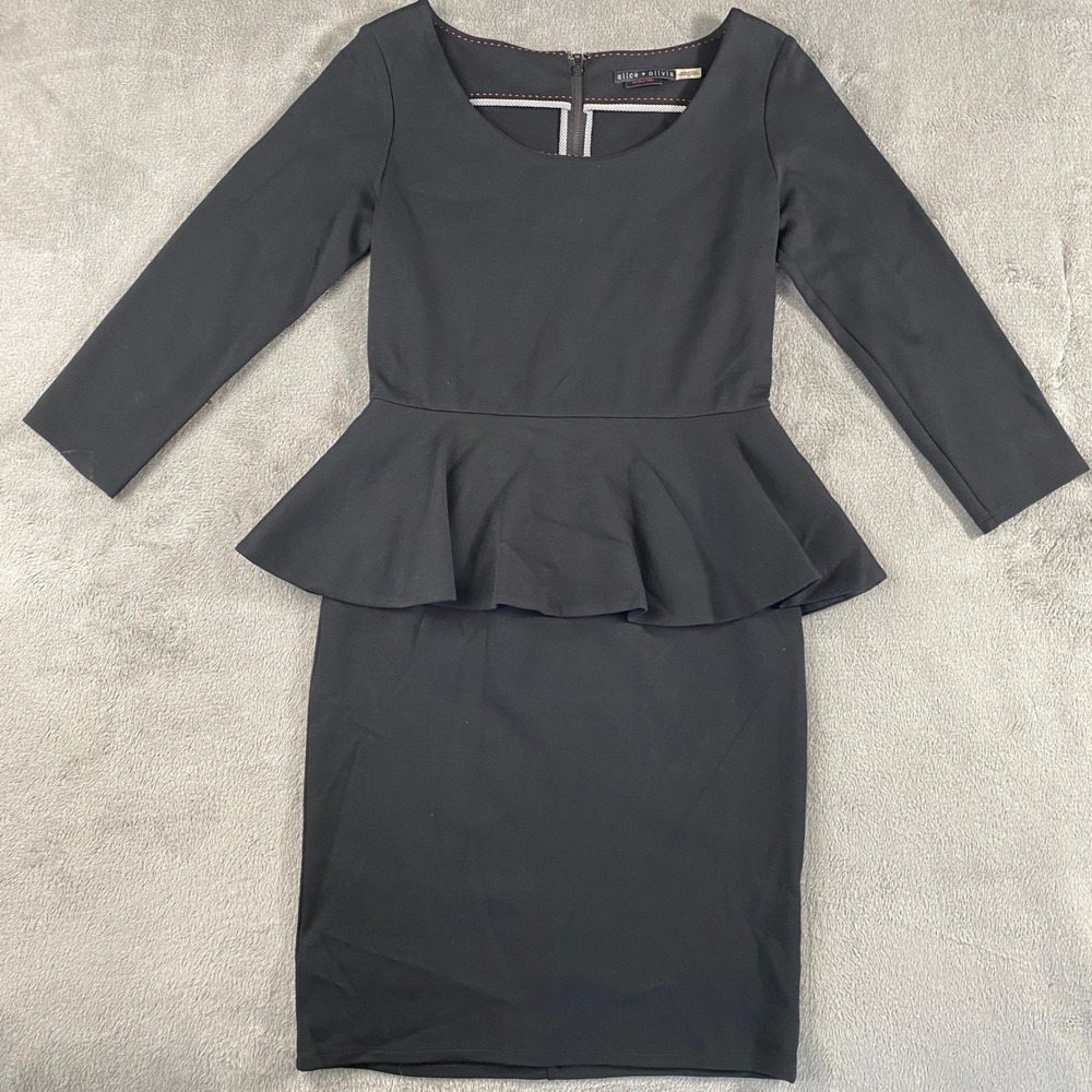 Alice + Olivia Peplum Dress Women 10 Black Employed 3/4 Sleeve Scoop Neck Zip